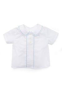 Front view of Eduardo Shirt in Bluebell with Peter Pan collar and herringbone embroidery on white background