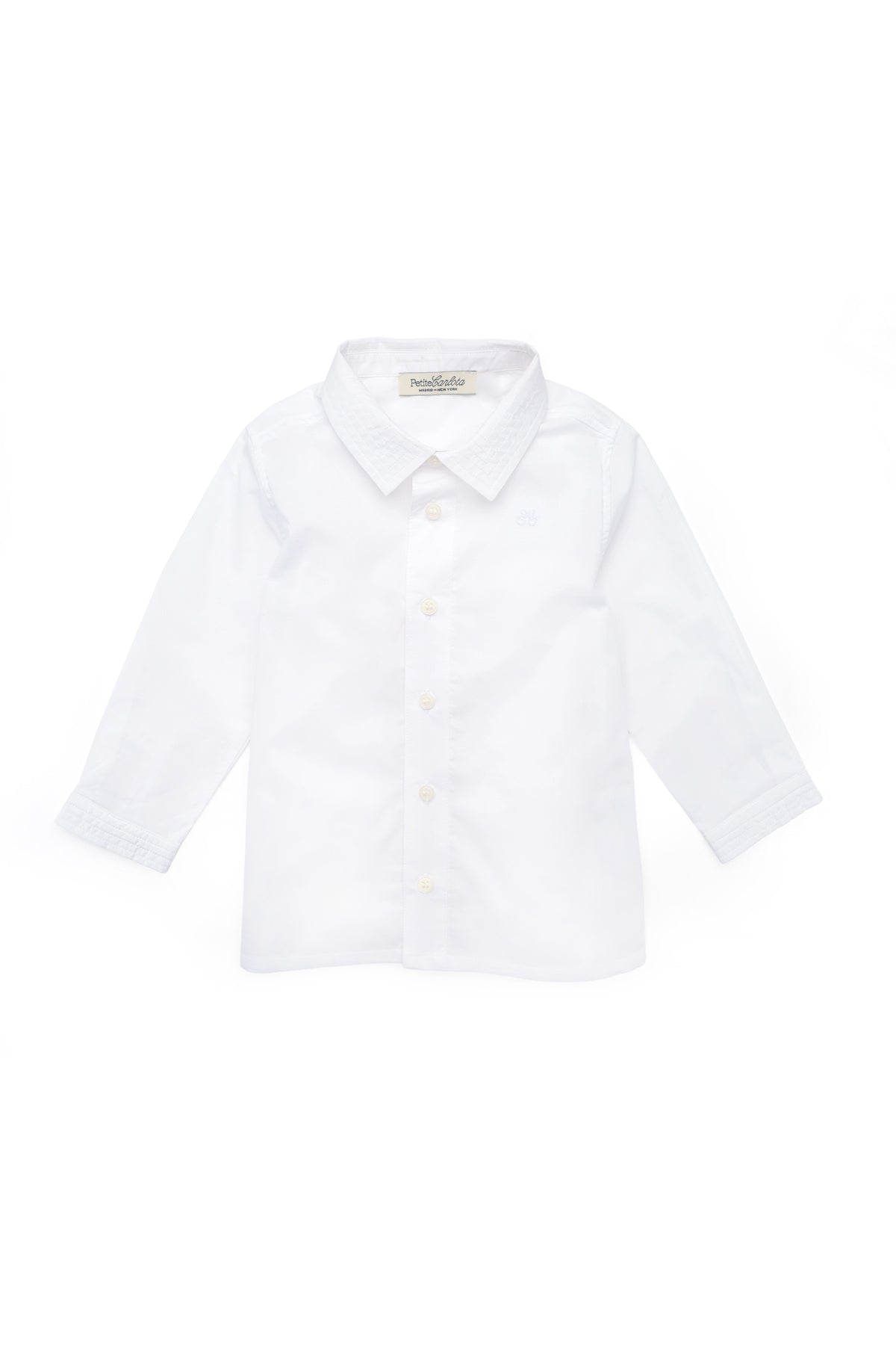 Front view of the Enrique Shirt in Cloud White showcasing a button down silhouette, long sleeves, and stitched collar on a white background