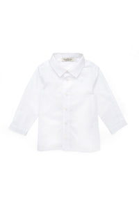 Front view of the Enrique Shirt in Cloud White showcasing a button down silhouette, long sleeves, and stitched collar on a white background