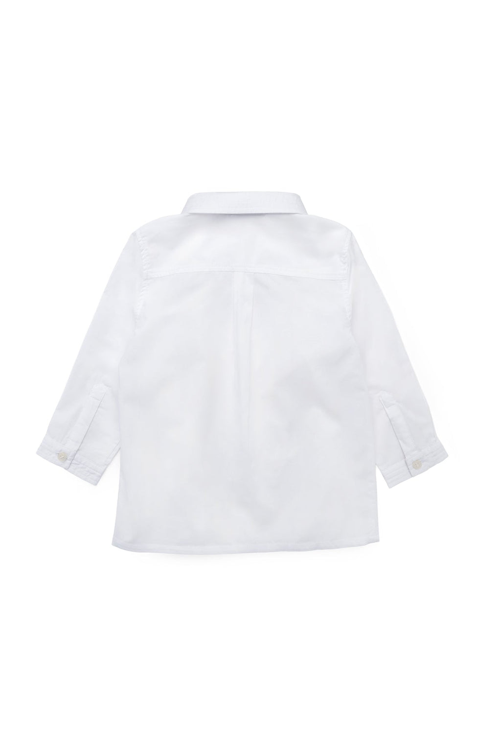 Back view of Enrique Shirt in Cloud White showcasing stitched collar detail and long sleeves with a white background