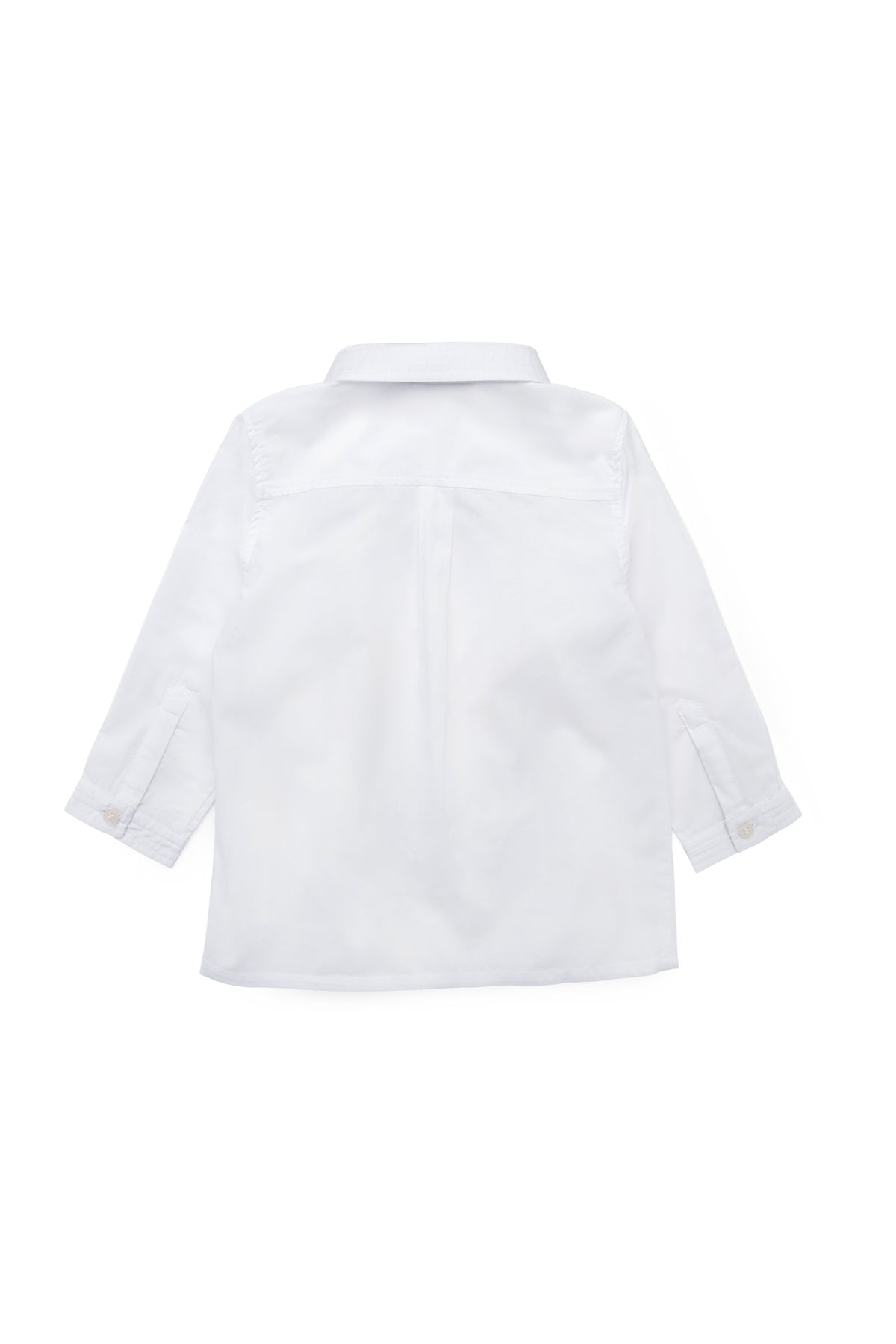 Back view of Enrique Shirt in Cloud White showcasing stitched collar detail and long sleeves with a white background