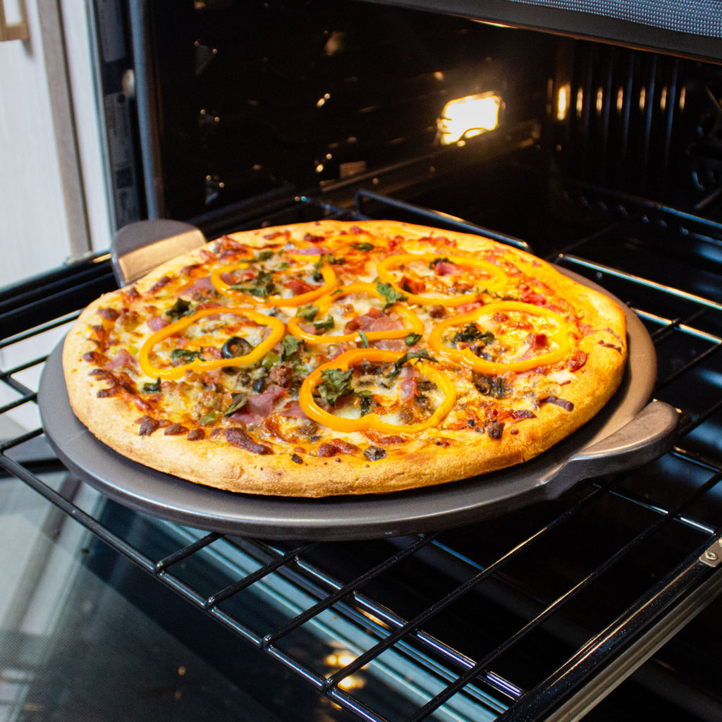 Glazed Cordierite Pizza Stone With Handles 13" in Grey