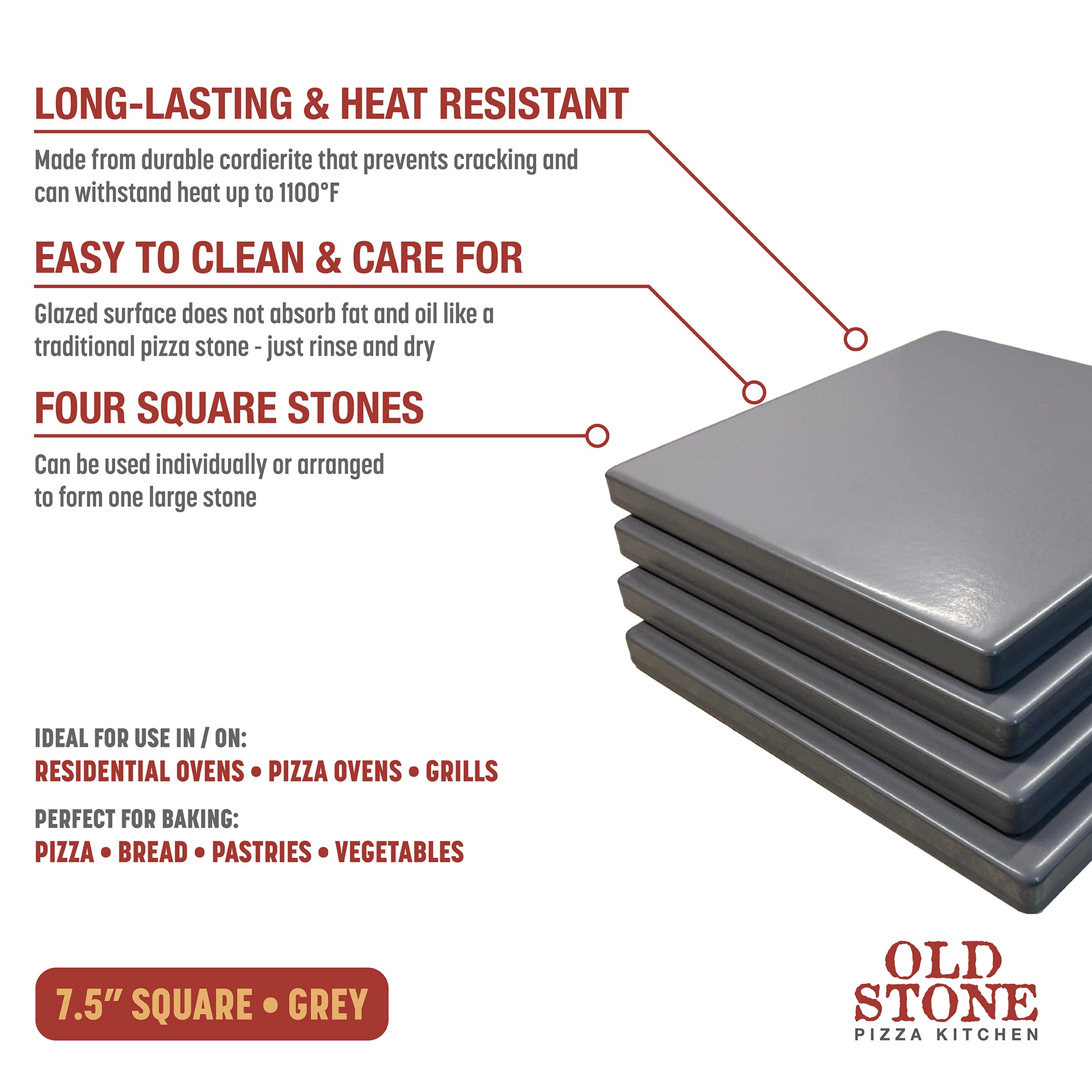 Glazed Cordierite Square Pizza Stone, Set of 4