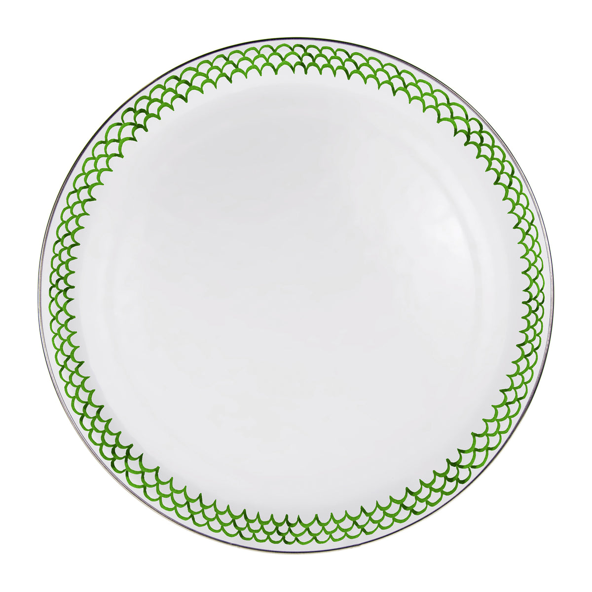 Top view of Large Tray in Green Scallop showcasing green scalloped border and white enamel surface on a white background