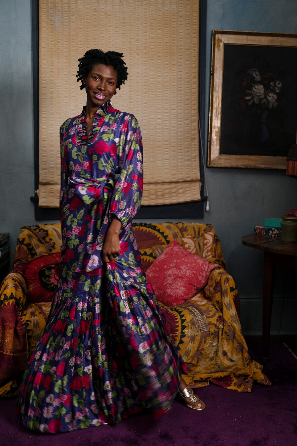 Pleated Flounce Gown in Geranium Silk