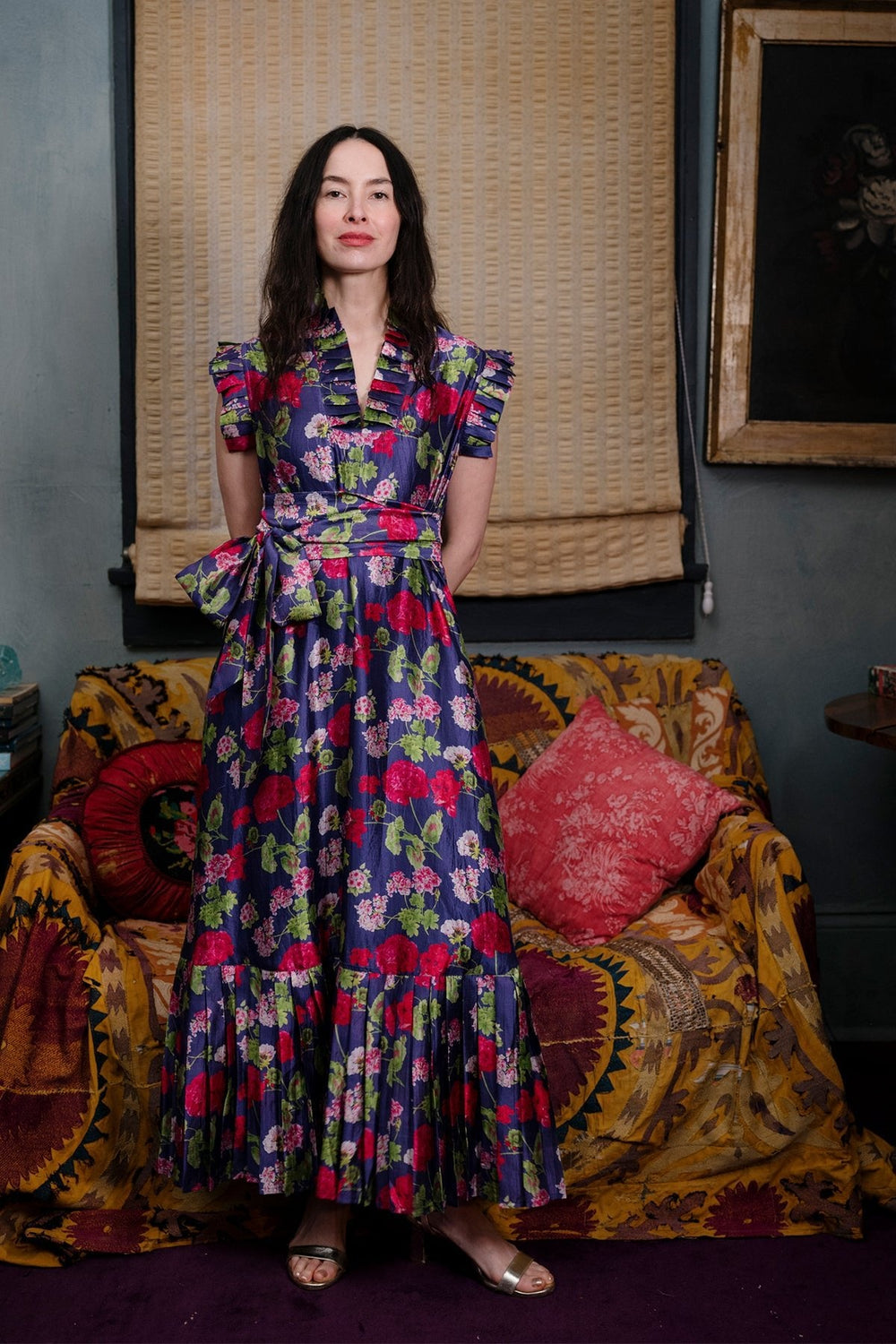 Sleeveless Pleated Flounce Maxi Dress in Geranium Silk