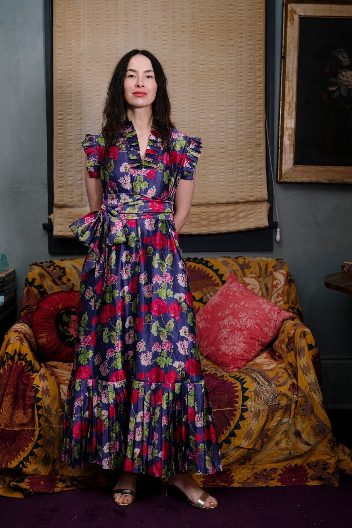 Sleeveless Pleated Flounce Maxi Dress in Geranium Silk