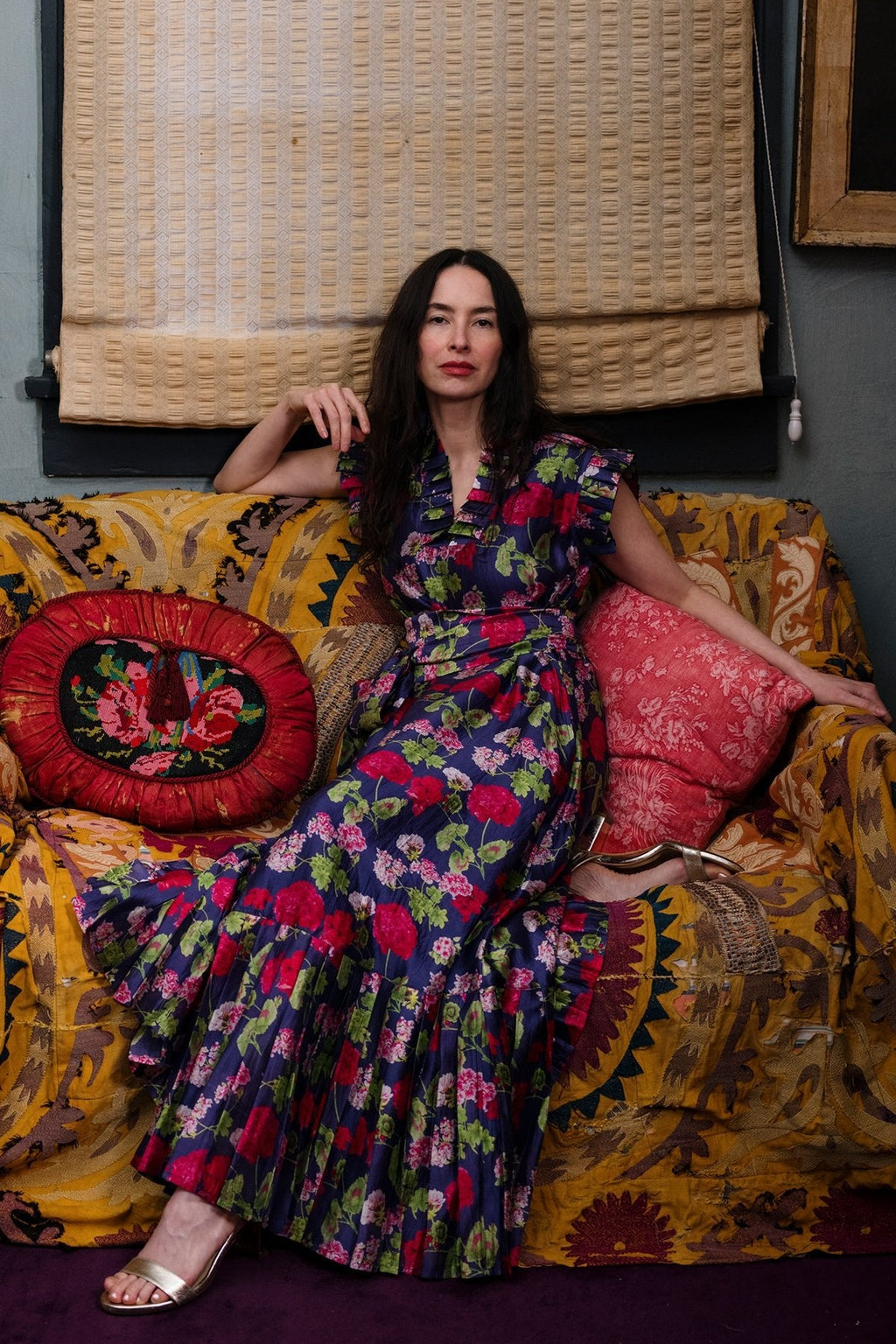 Sleeveless Pleated Flounce Maxi Dress in Geranium Silk