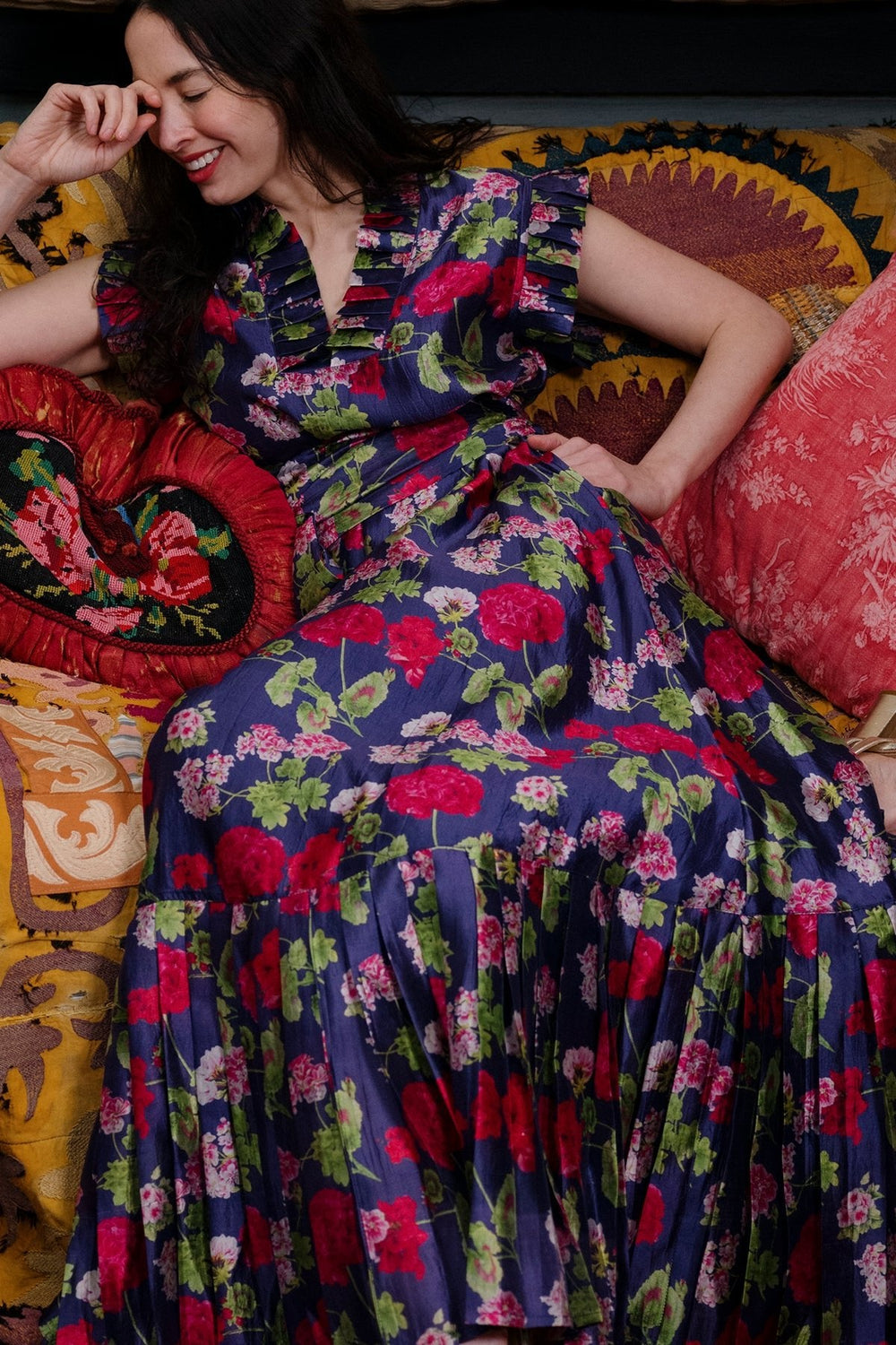 Sleeveless Pleated Flounce Maxi Dress in Geranium Silk