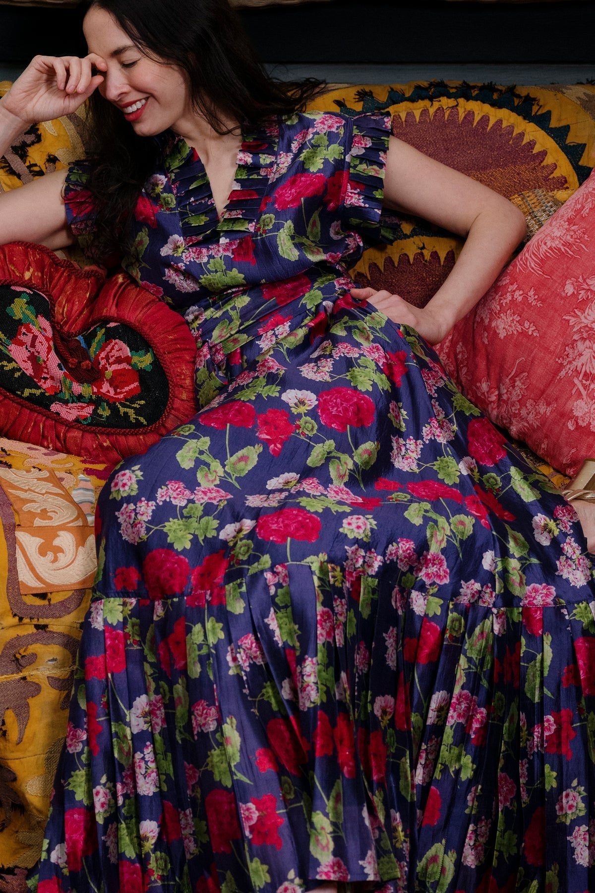 Sleeveless Pleated Flounce Maxi Dress in Geranium Silk