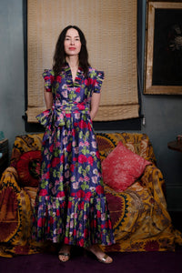 Sleeveless Pleated Flounce Maxi Dress in Geranium Silk