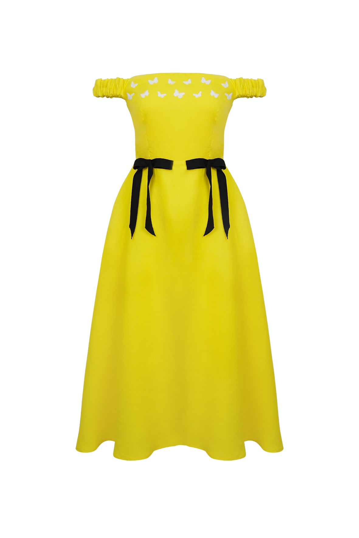 Front view of Gulderen Dress, bright yellow off-shoulder with white butterfly embroidery and black waist ribbons