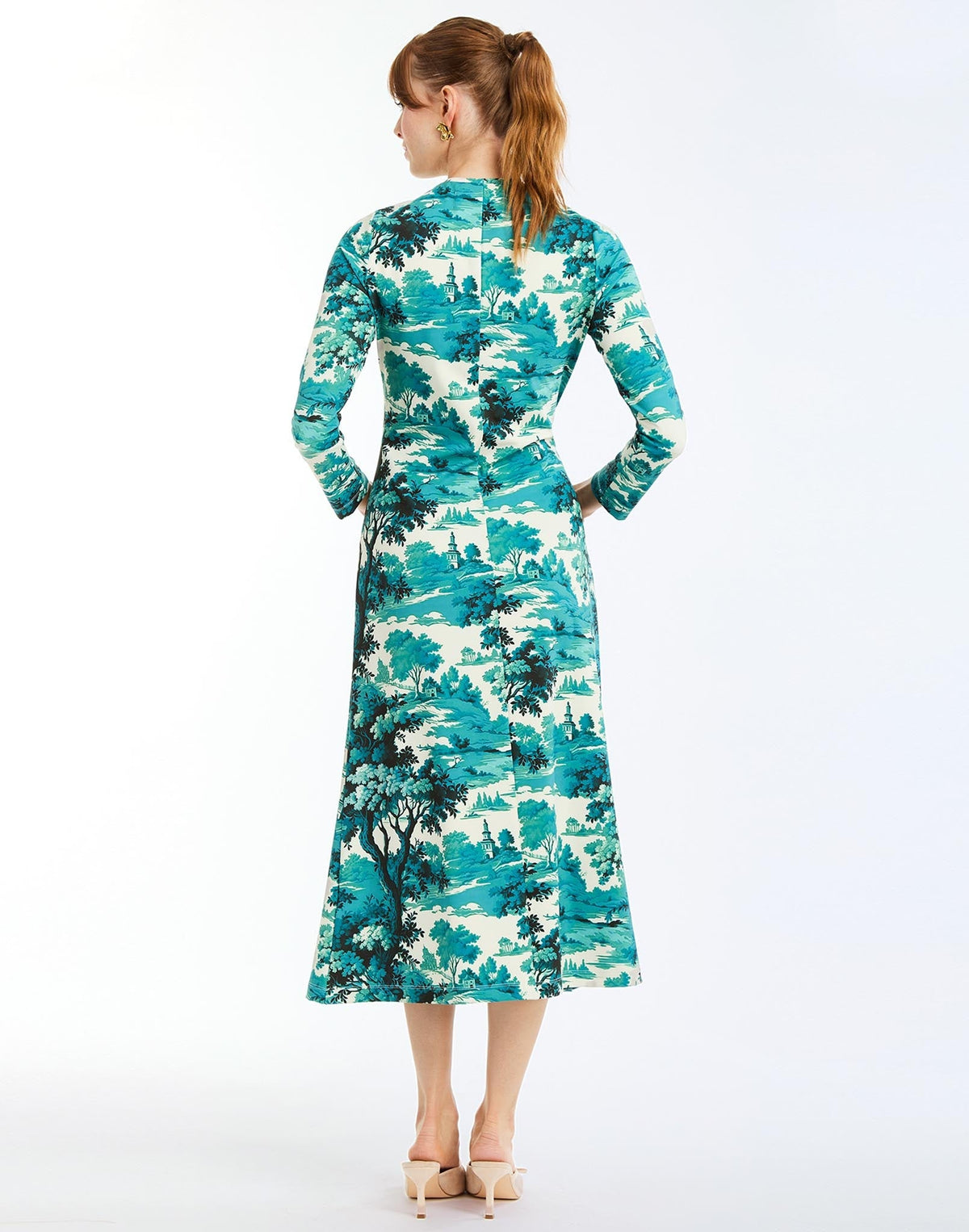 Gabriella Midi Dress in Ceramic Toile back – printed jersey body-skimming midi dress with crew neckline and ruched waist by Mestiza New York.