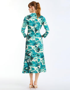Gabriella Midi Dress in Ceramic Toile back – printed jersey body-skimming midi dress with crew neckline and ruched waist by Mestiza New York.