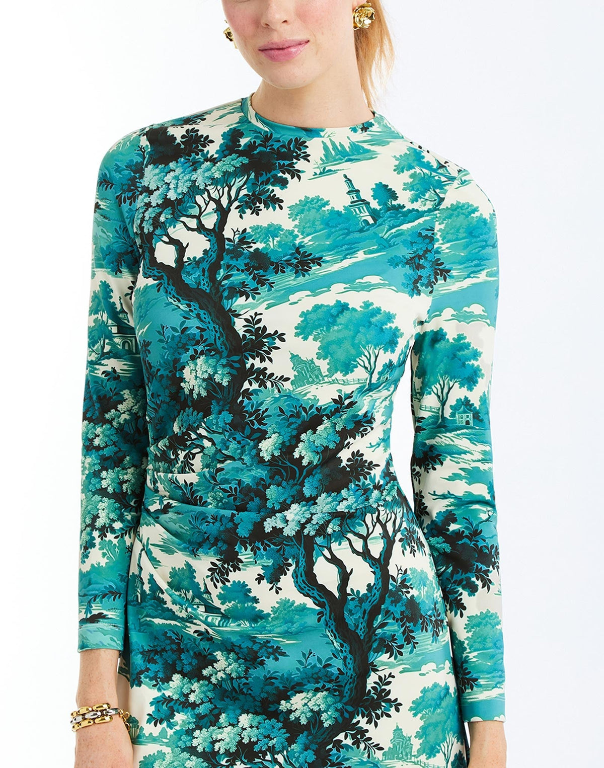 Gabriella Midi Dress in Ceramic Toile detail – printed jersey body-skimming midi dress with crew neckline and ruched waist by Mestiza New York.