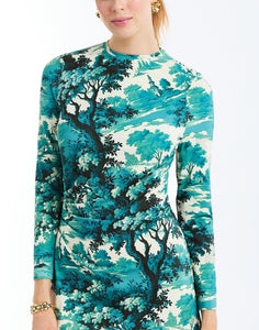 Gabriella Midi Dress in Ceramic Toile detail – printed jersey body-skimming midi dress with crew neckline and ruched waist by Mestiza New York.