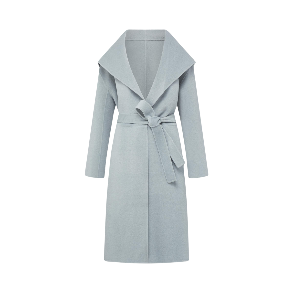 Front view of Gabriella Cashmere Coat in Mint showcasing its oversized draped collar and waist belt on a black background