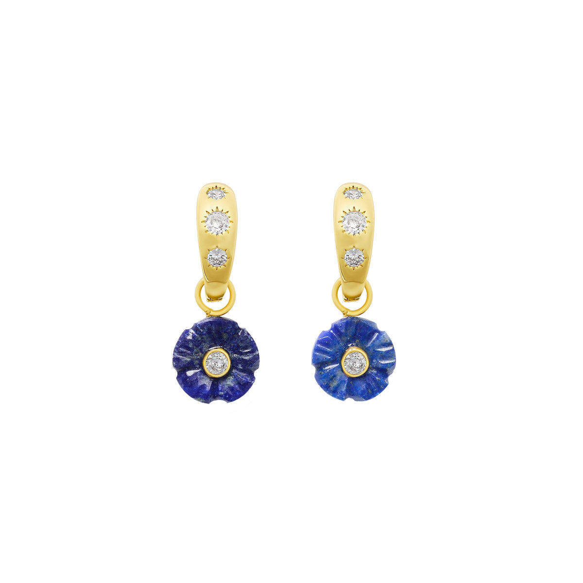Front view of Garden Party Huggies showcasing carved lapis flower dangles with center crystals on 18K gold-plated hoops on white background