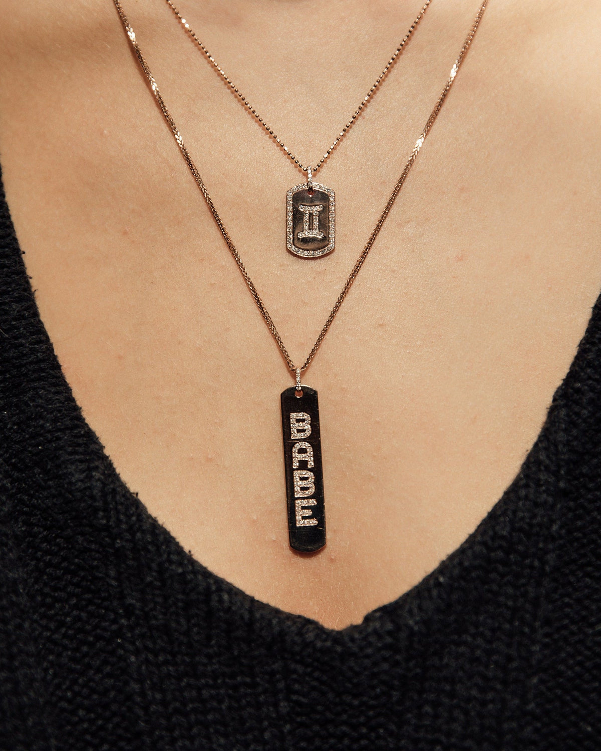 The Longtag Necklace shown in rose gold., 14k yellow gold, 14k yellow gold, 14k rose gold, 14k white gold