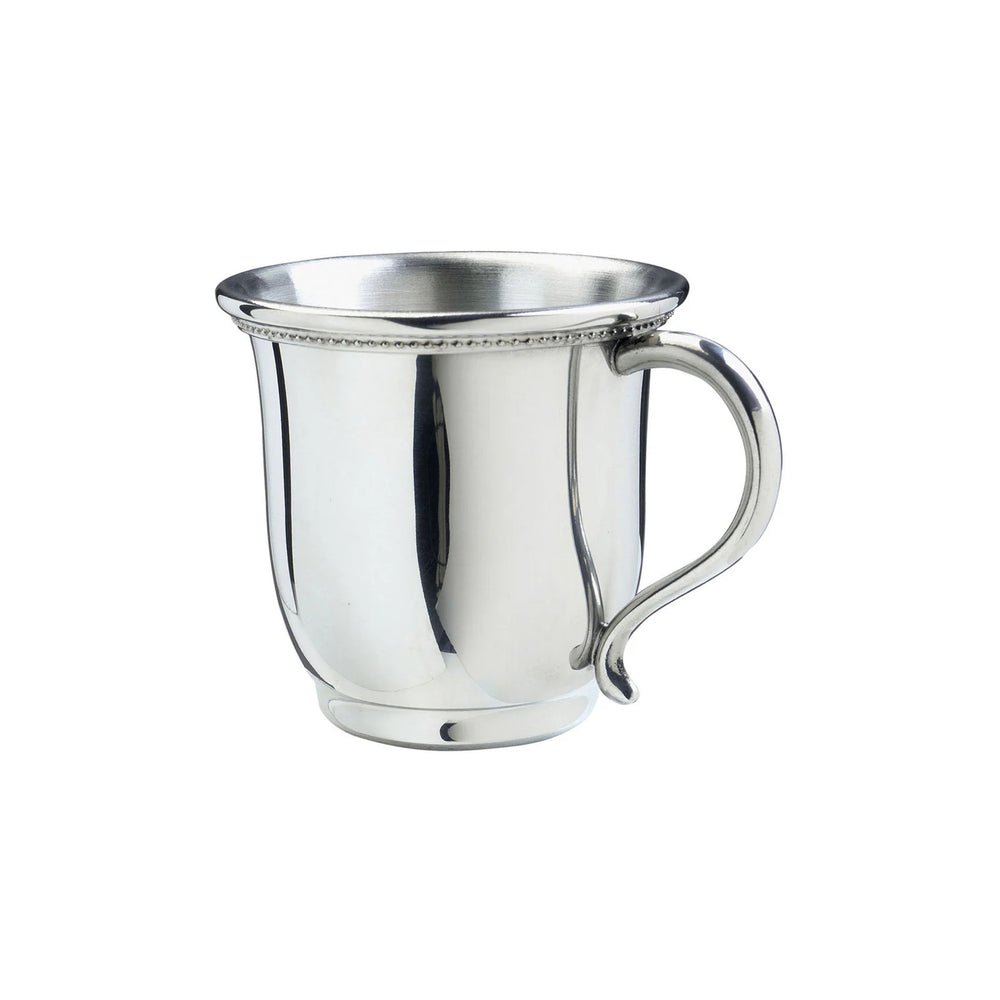Front view of Georgia Baby Cup showcasing pearled rim and curved handle in polished pewter on white background