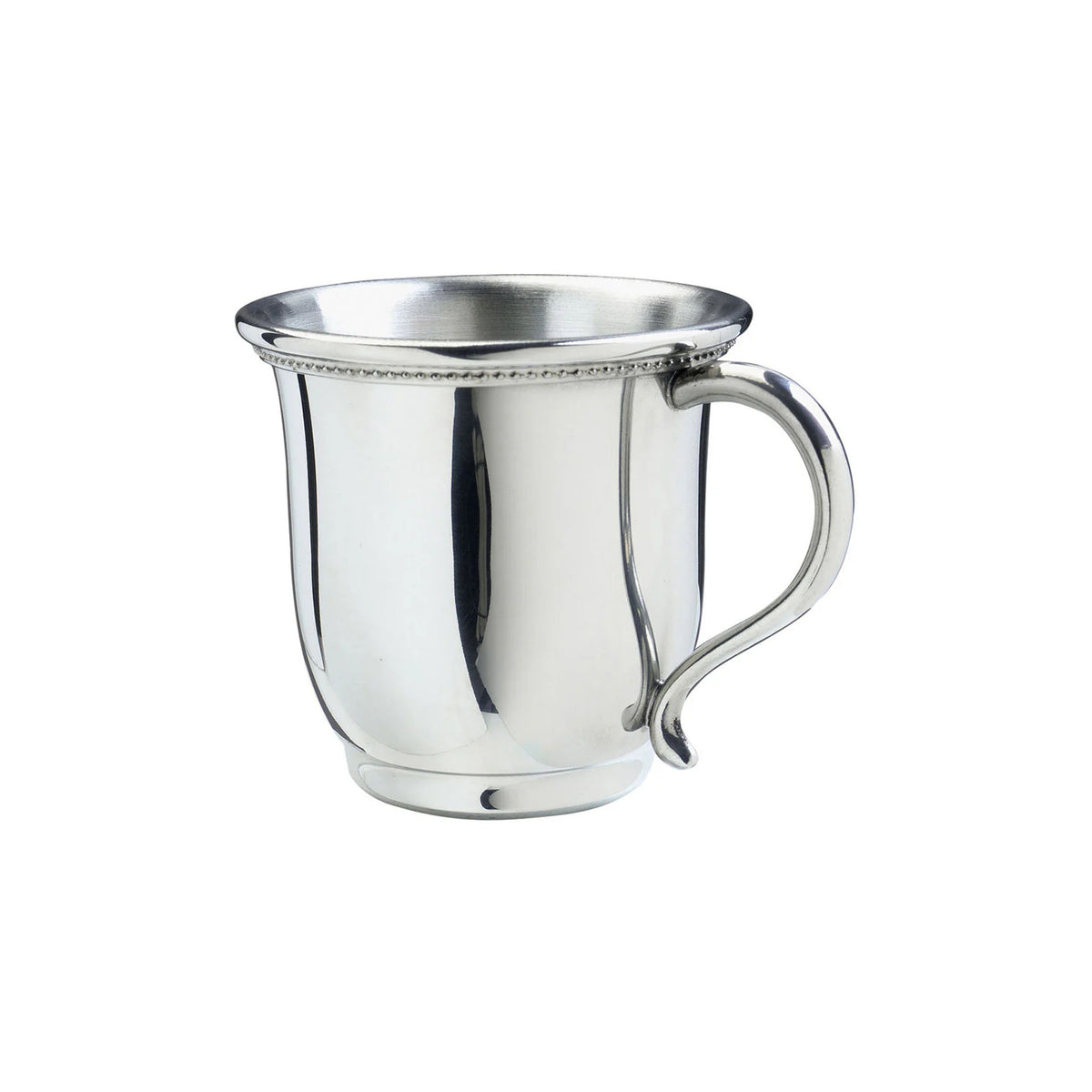 Front view of Georgia Baby Cup showcasing pearled rim and curved handle in polished pewter on white background