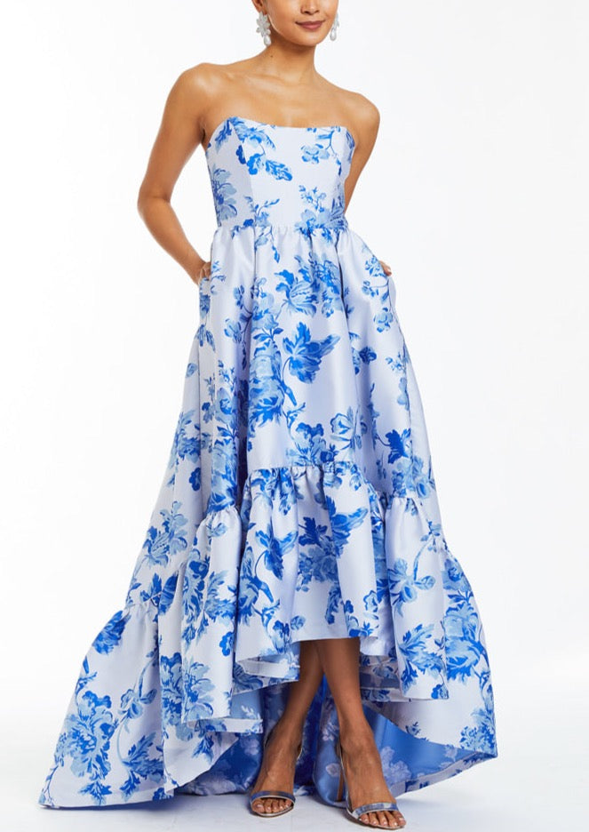 Blue an white chinoiserie print strapless high low gown with pockets