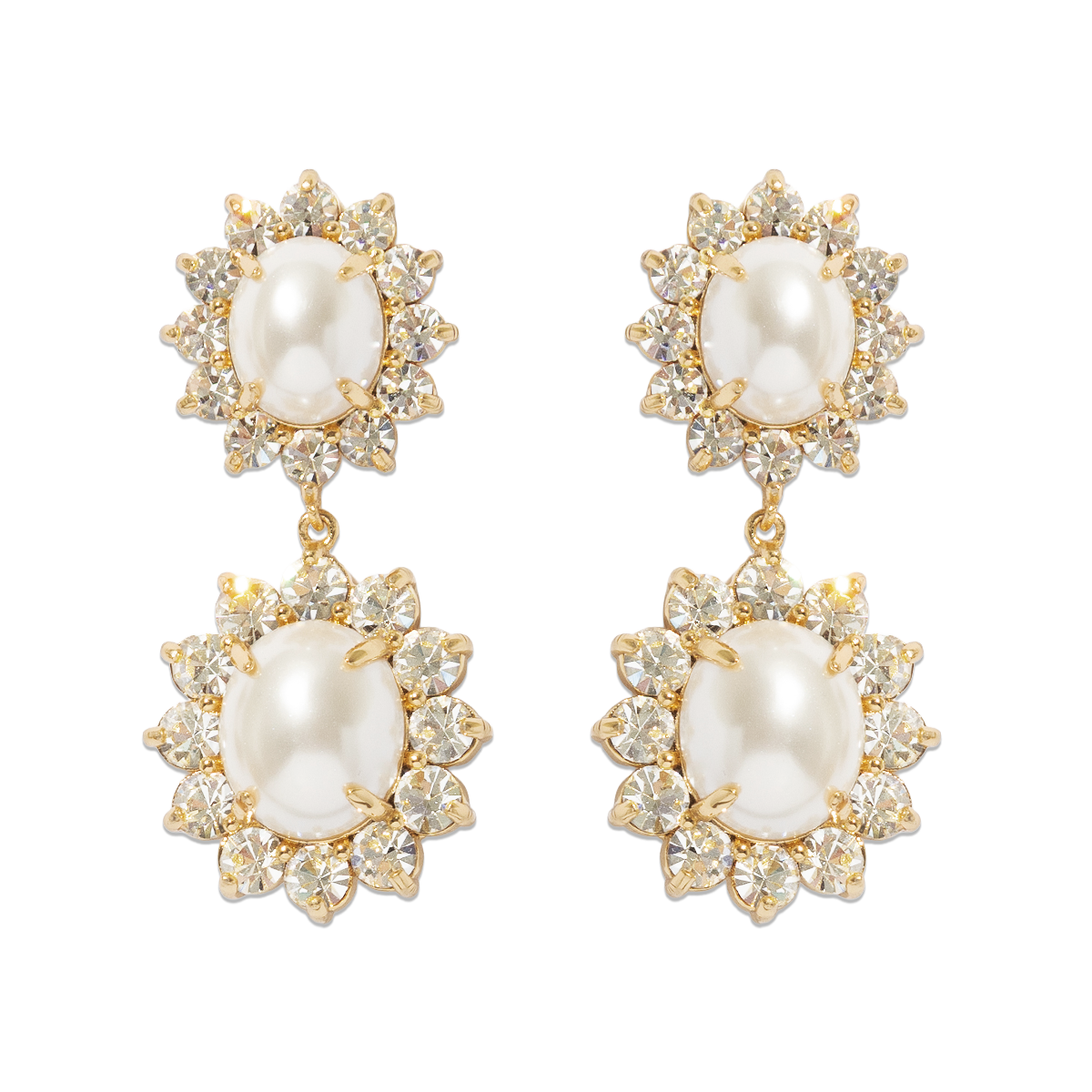 Front view of Georgie Drop Earrings in Pearl showcasing glass pearl cabochons framed by crystals on a black background