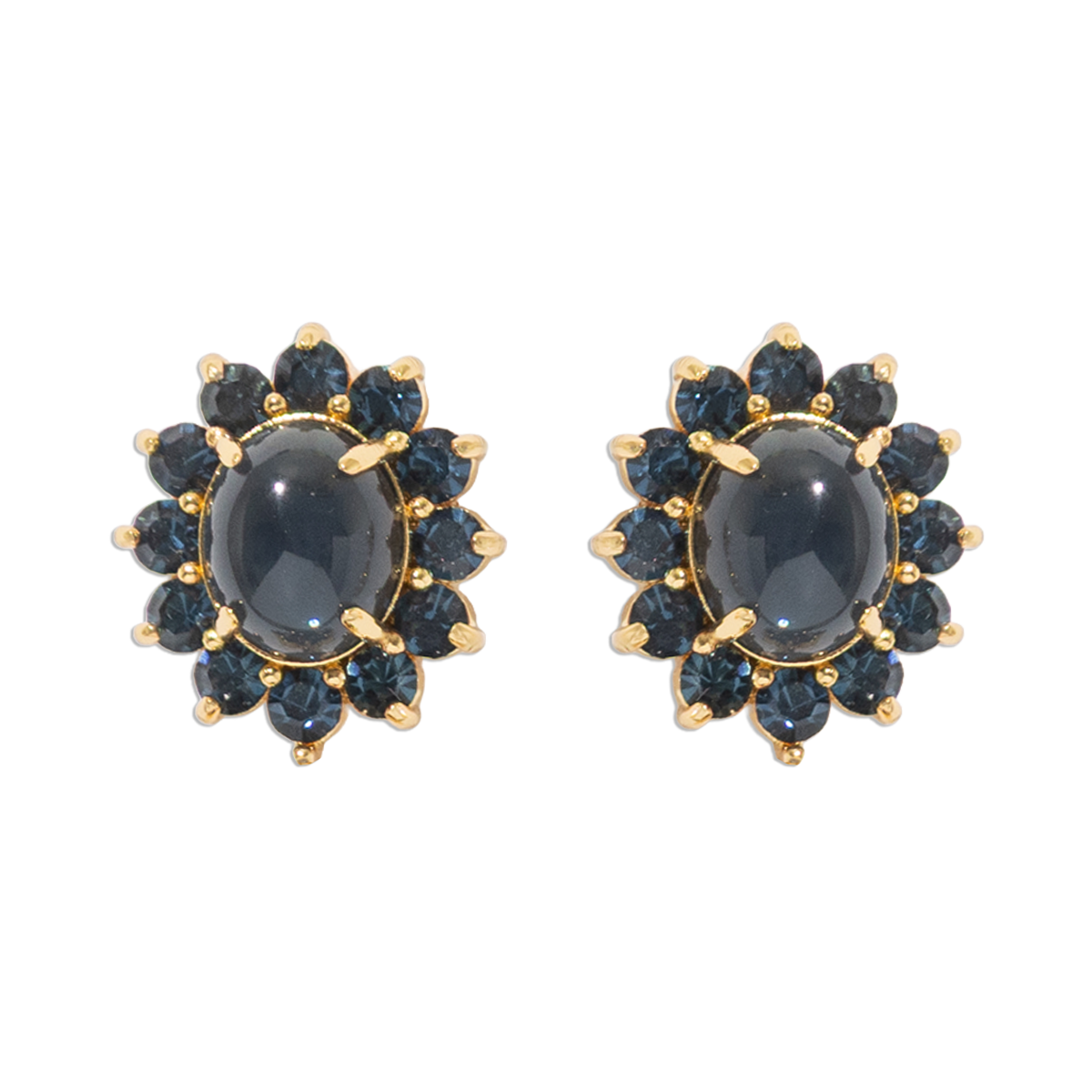 Front view of Georgie Stud Earrings in Navy with oval cabochons and crystal halos against a black background