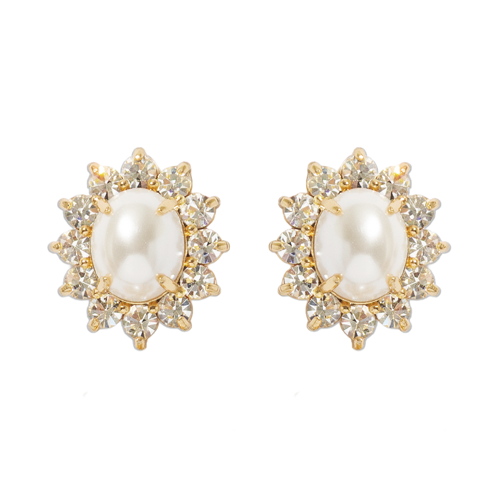 Front view of Georgie stud earrings in pearl with oval pearl centers, gold settings, and crystal halo