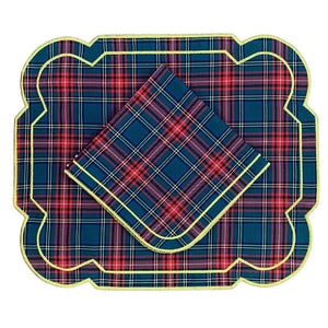 Luxury Table Linens Red plaid placemat  and matching napkin with double gold embroidery.