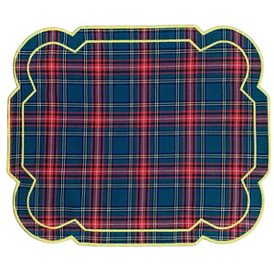 Luxury Table Linens Red plaid placemat with double gold embroidery.