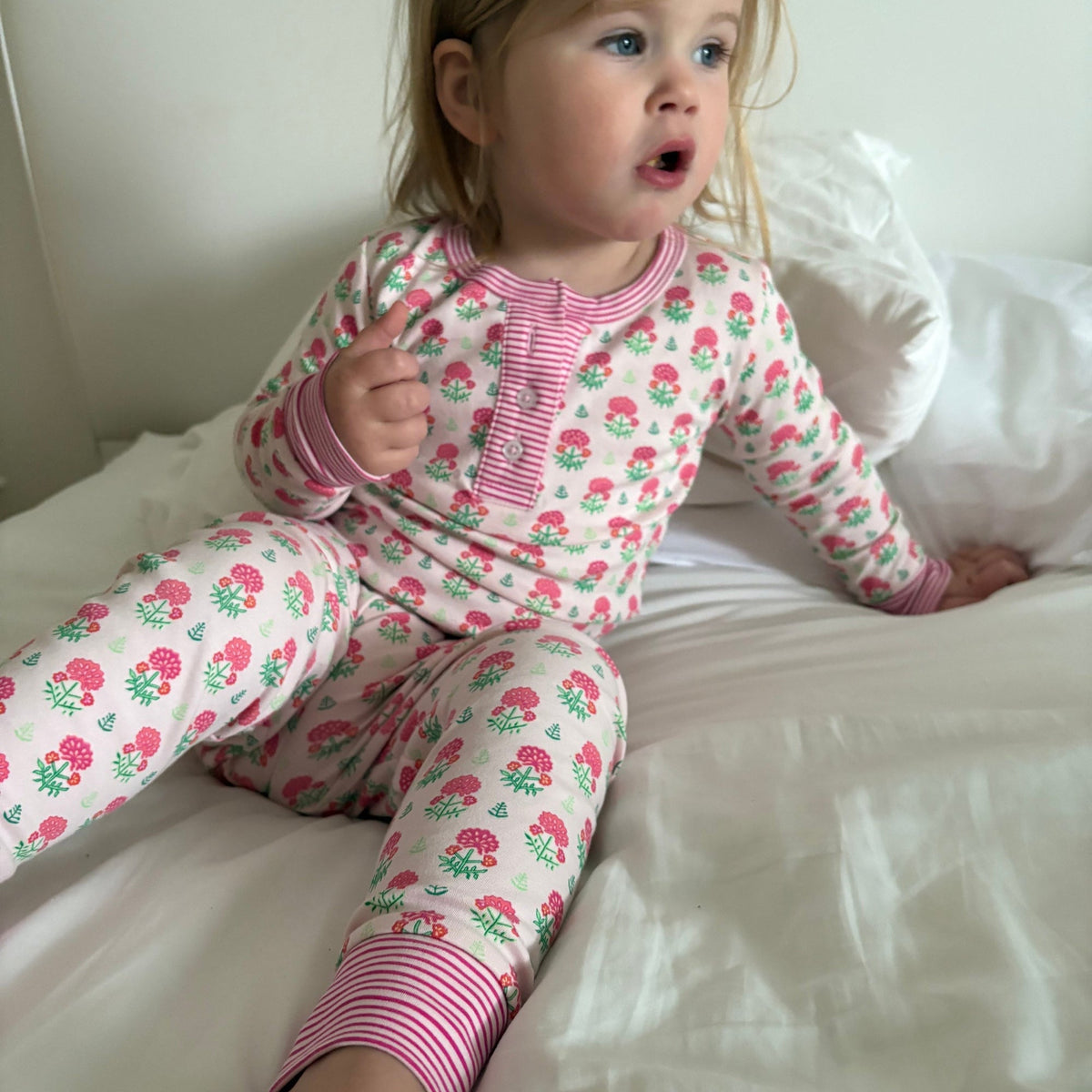 Kid's Geranium Block Two Piece Henley Pajamas in Pink