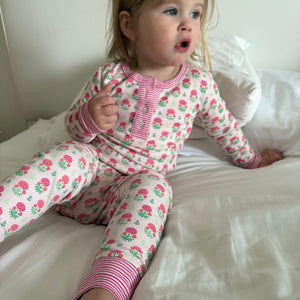 Kid's Geranium Block Two Piece Henley Pajamas in Pink