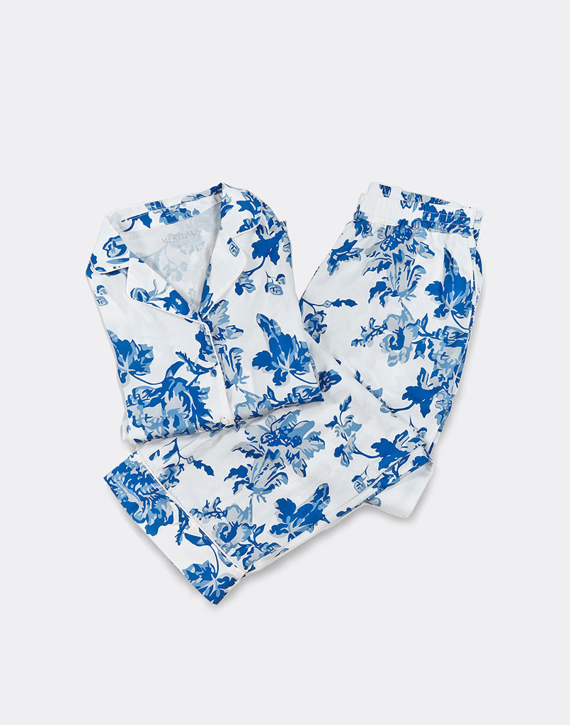 blue and white chinoiserie print pajama set