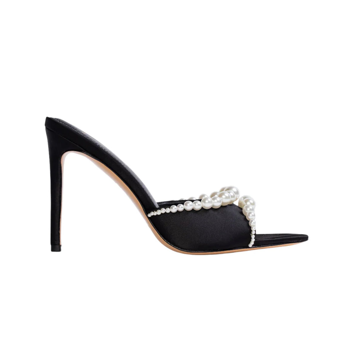 Side view of Gigi 100 in Black Satin Pearl showcasing pearl detailing and straight stiletto heel with white background