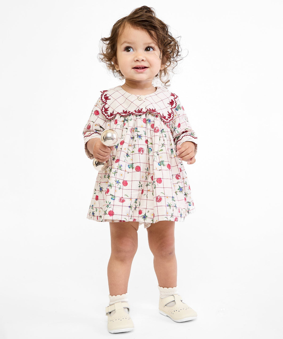 Front view of Gigi Baby Dress in Pomegranate Parade showcasing scalloped sailor collar on white background