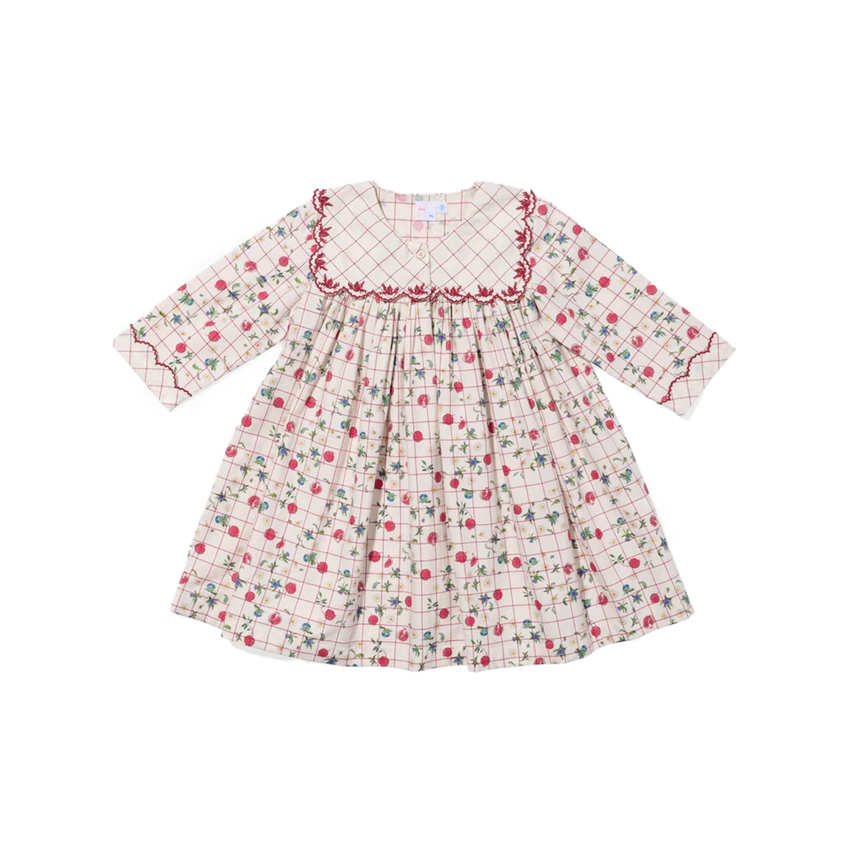 Front view of Gigi Dress in Pomegranate Parade with scalloped sailor collar and floral plaid print on white background