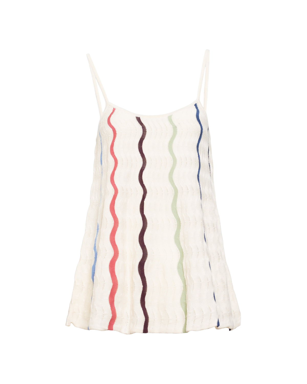Front close-up of Gigi Knit Tank in Cream Multi showcasing wavy crochet knit, square neckline, and spaghetti straps on white