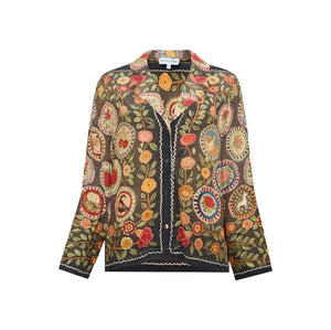 Front view of Gina Top in Found Heirloom showcasing floral print, lapel collar, long sleeves, and button front with white background