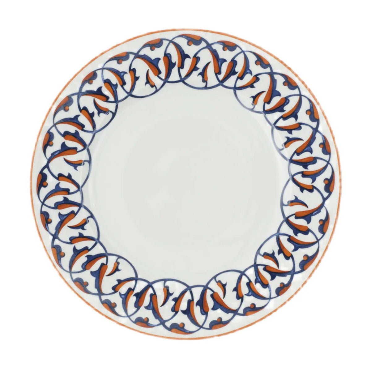 Top-down view of Ginori Anatolia charger plate showing blue and orange Ottoman-inspired interlocking border on white porcelain