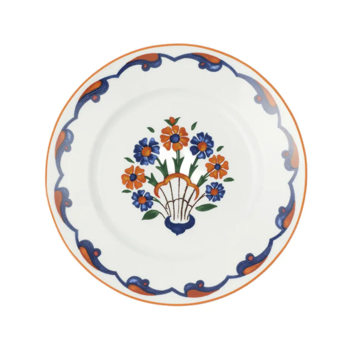 Top view of Ginori Anatolia Dessert Plate showcasing an interlocking blue and orange border with a floral center on a white background