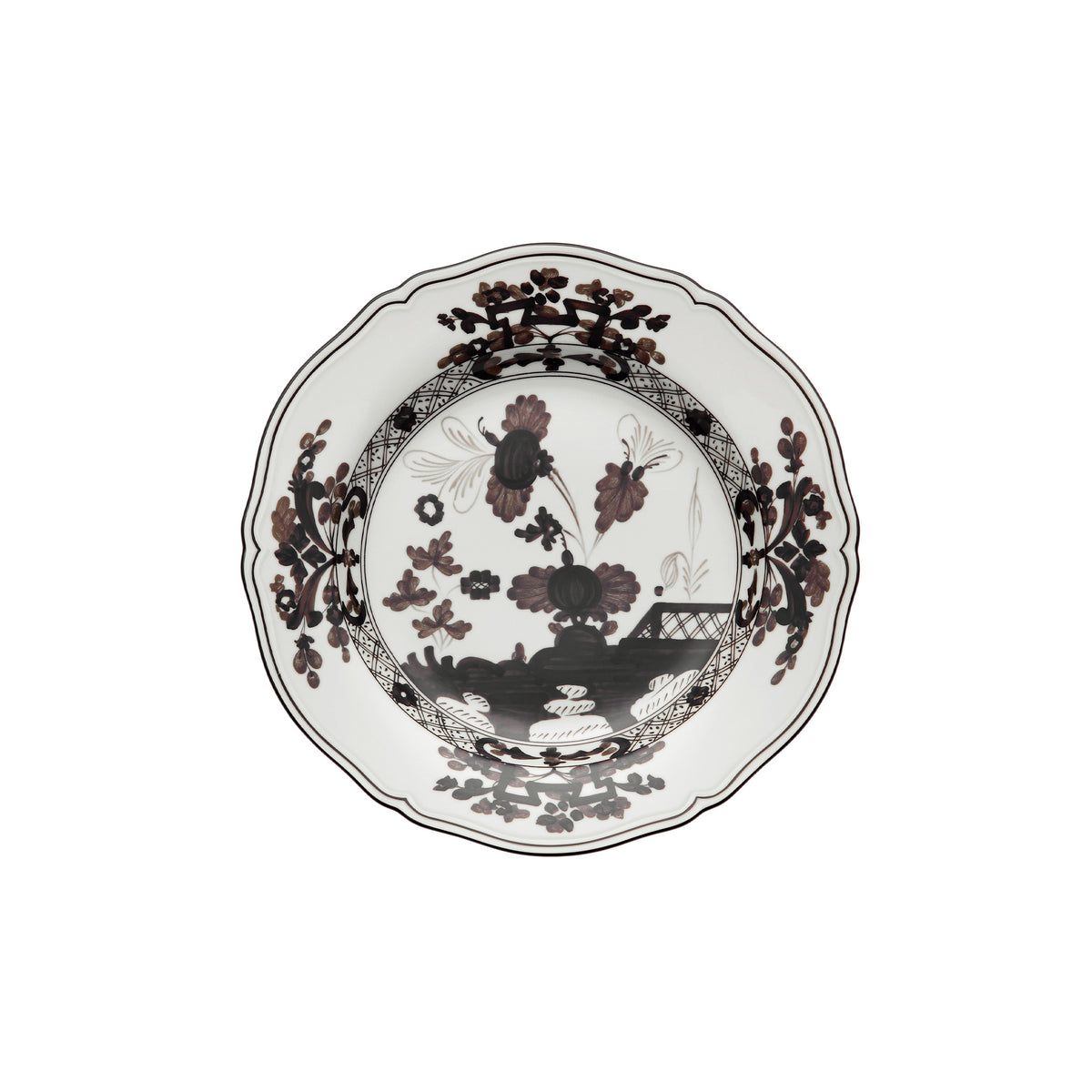 Top view of Oriente Italiano bread plate in Albus showcasing scalloped rim and brown floral motif on white porcelain