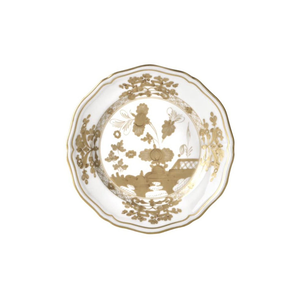 Top view of Oriente Italiano bread plate showing gold floral chinoiserie pattern and scalloped rim on white background