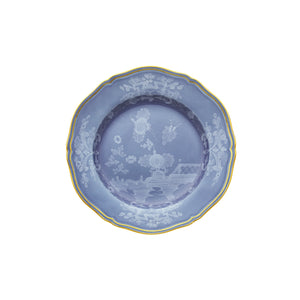 Top view of Oriente Italiano Bread Plate in Pervinca showcasing blue floral design and gold trim on white