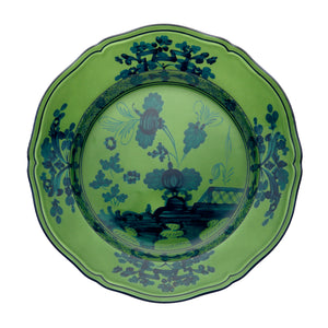 Top view of Oriente Italiano Charger Plate in Malachite showcasing green floral motifs with a white background