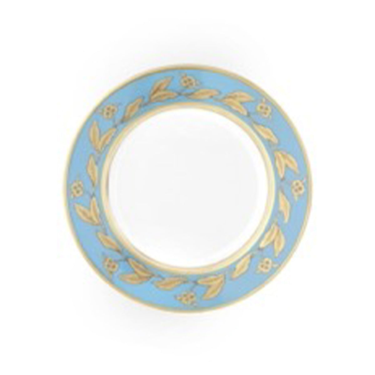 Top view of Voliere Denim dessert plate showcasing a denim-blue rim with gold leaf vine and small gold flowers and white center