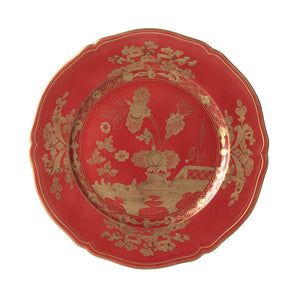 Top view of Oriente Italiano Dinner Plate in Rubrum with red finish, gold floral decoration, and scalloped edges