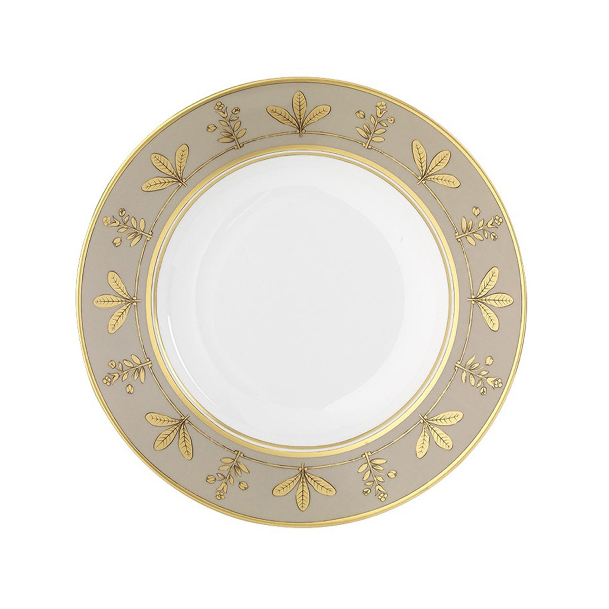 Top view of Voliere Tortora soup plate showcasing taupe rim with gold leaf-and-berry motif and gold trim on white background