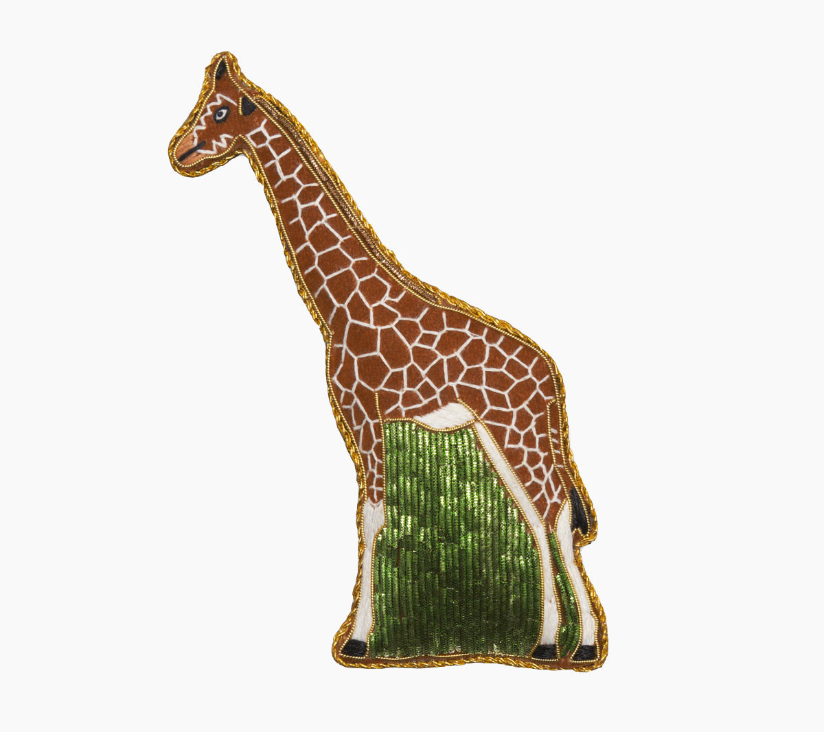Front view of Giraffe Ornament showcasing bead and metallic thread embroidery on velveteen fabric with a white background