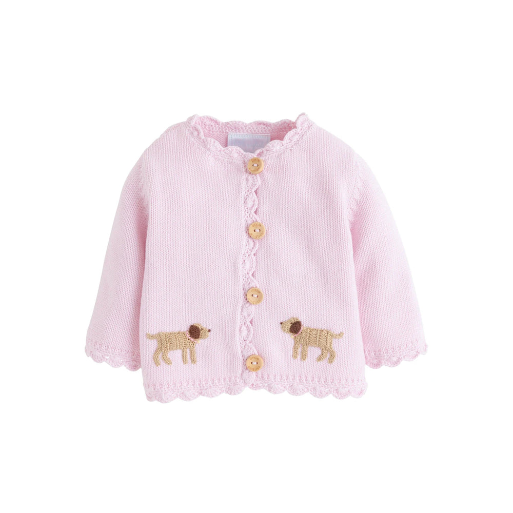 Front view of Girl Lab Crochet Sweater, pink knit with scalloped trim, wooden buttons, and dog embroidery on white background